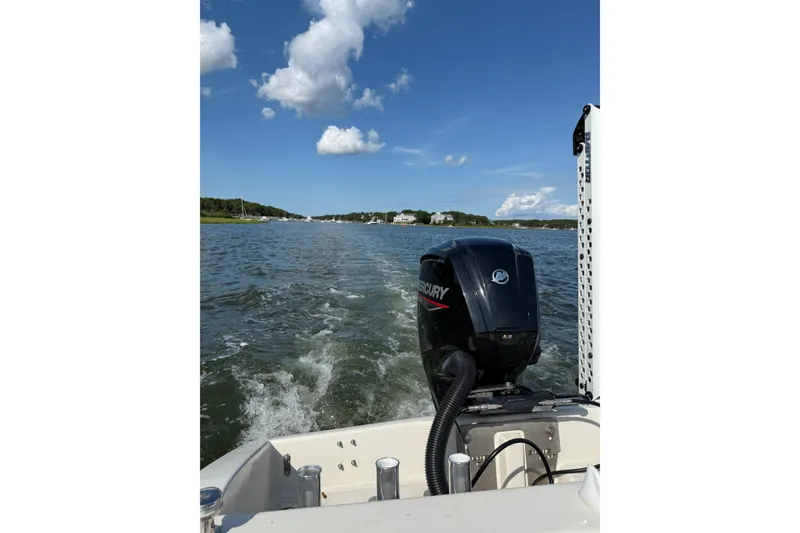 Slide: The Image of BlueCat 17 boat with Mercury engine cruising on a sunny day, 2024 model. - 12