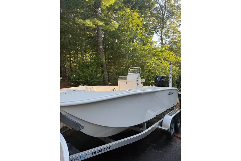 Slide: The Image of 2024 BlueCat 17 boat on trailer, surrounded by lush green trees. - 10