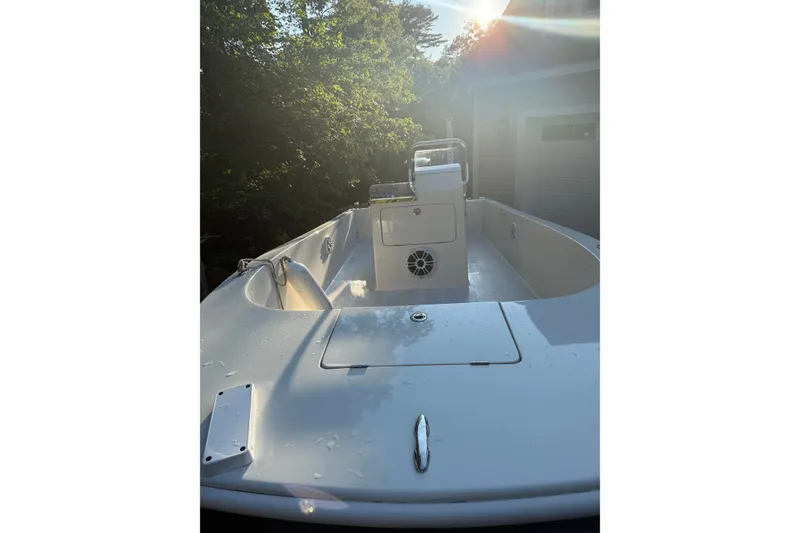 Slide: The Image of 2024 BlueCat 17 boat with sleek white deck, sunlight filtering through trees. - 11