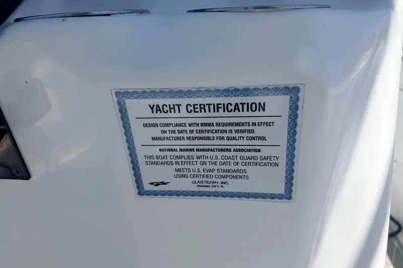 Slide: The Image of 2018 Glasstream 280 Pro-XS yacht certification label, detailing compliance with NMMA and U.S. Coast Guard standards. - 16