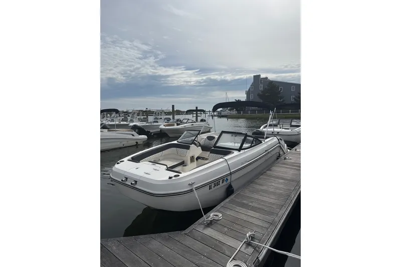 The Image of 2023 Bayliner DX 2200 boat docked at marina under cloudy sky. - 1