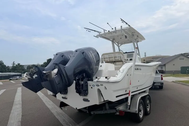 Slide: The Image of 2018 Sea Fox 266 Commander boat on trailer with dual Yamaha outboard engines. - 4