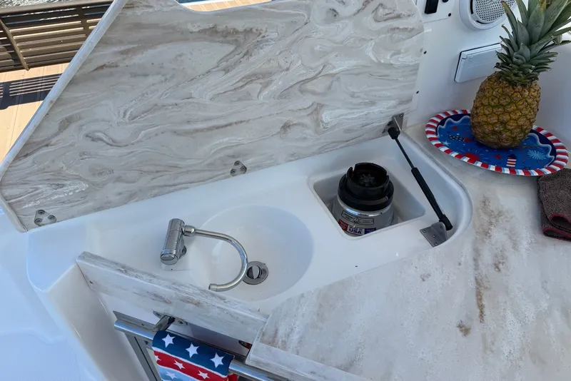Slide: The Image of 2015 Rinker 340 Express Cruiser sink area with pineapple and American-themed decor. - 23