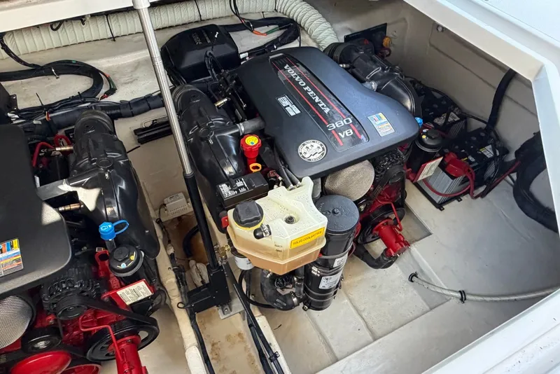 Slide: The Image of Engine compartment of a 2015 Rinker 340 Express Cruiser with Volvo Penta 380 V8 engine. - 37