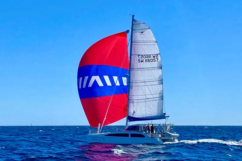 Slide: The Image of 2009 Seawind 1160 catamaran sailing with vibrant red and blue spinnaker on open sea. - 3