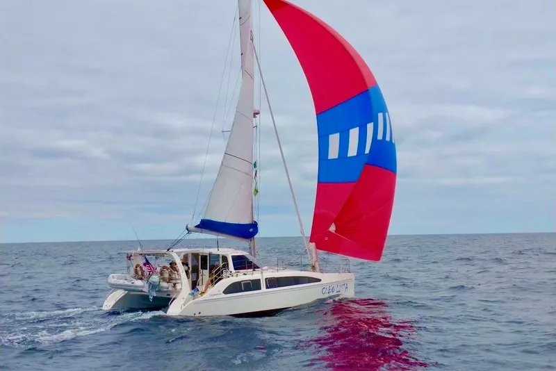 Slide: The Image of 2009 Seawind 1160 catamaran sailing with vibrant red and blue spinnaker on open sea. - 2