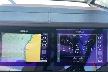 Slide: The Image of Simrad navigation display on 2020 Sea Ray Sundancer 320 boat dashboard. - 11