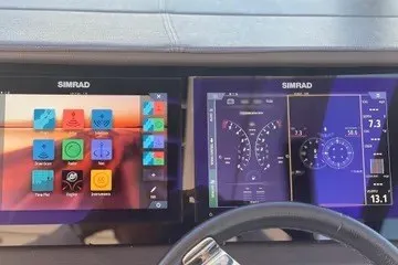 Slide: The Image of Simrad navigation displays on 2020 Sea Ray Sundancer 320 boat dashboard. - 9