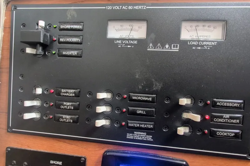 Slide: The Image of Electrical control panel on a 2022 Ranger Tugs R-25 boat, featuring various switches and gauges. - 14