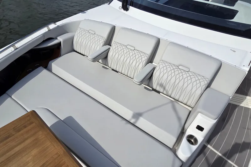 Slide: The Image of Luxurious seating on 2023 Sea Ray Sundancer 370 Outboard, featuring elegant design and comfort. - 15