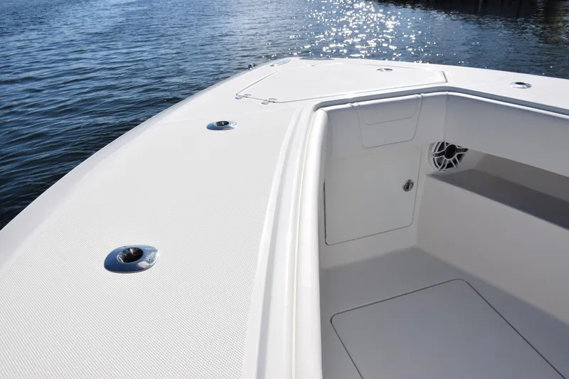 Slide: The Image of 2022 SeaVee 390Z boat deck with sleek design and ocean view. - 31