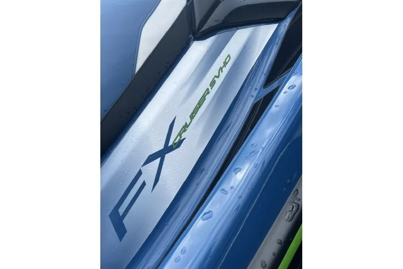 Slide: The Image of 2024 Yamaha PWC FX Cruiser SVHO close-up with sleek design and water droplets. - 3