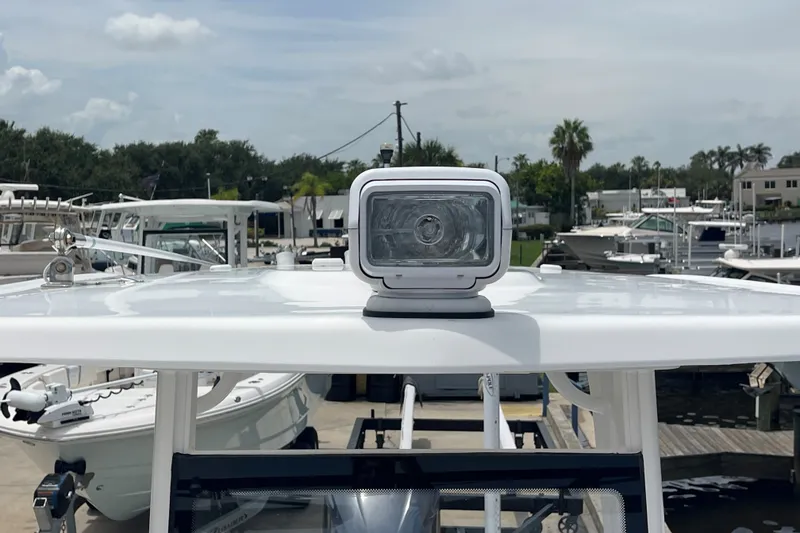 Slide: The Image of 2019 Robalo 246 Cayman spotlight on boat roof at marina. - 32