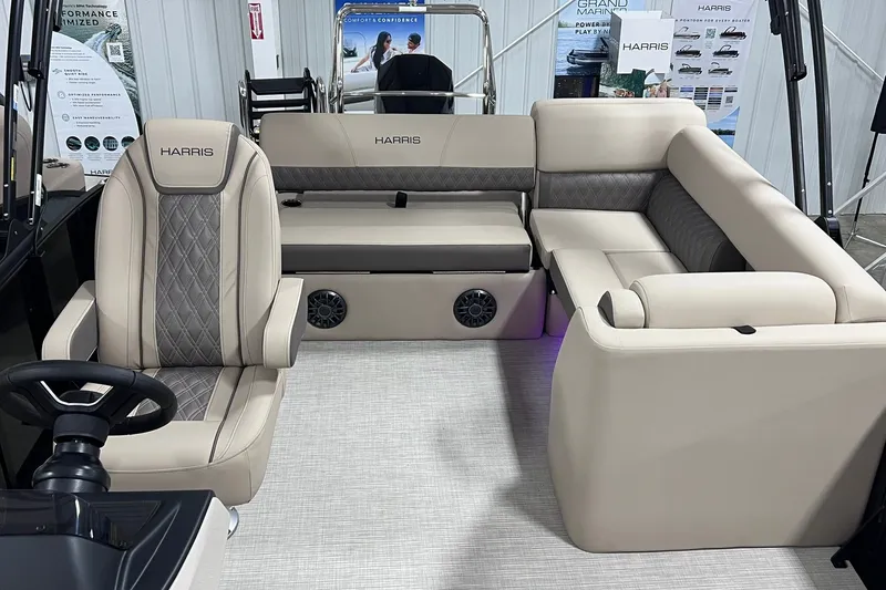 Slide: The Image of 2026 Harris Cruiser 250 interior with luxurious seating and modern design. - 22