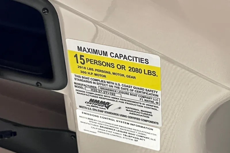 Slide: The Image of Capacity label on 2026 Harris Cruiser 250, indicating 15 persons or 2080 lbs limit. - 46