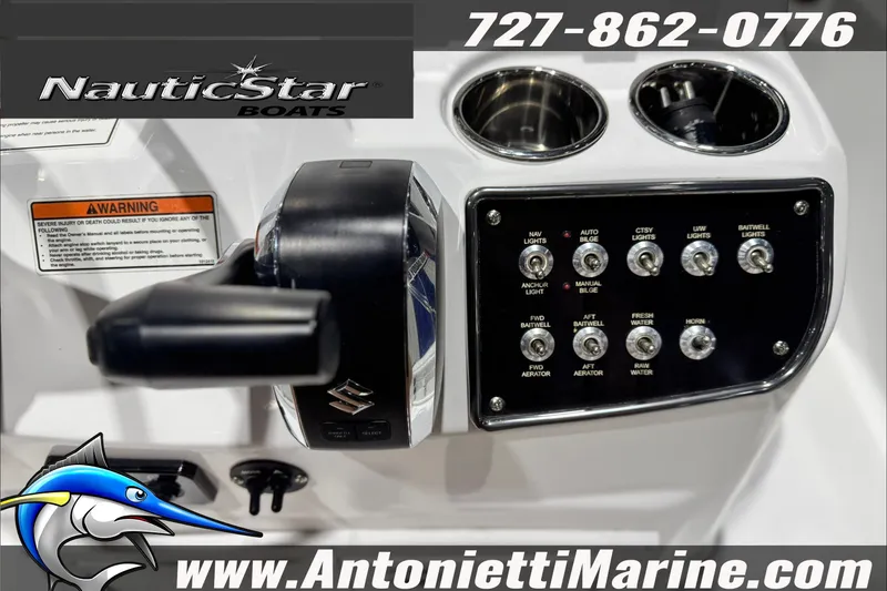 Slide: The Image of Control panel of 2025 NauticStar 194 Bay boat with switches and throttle. - 18