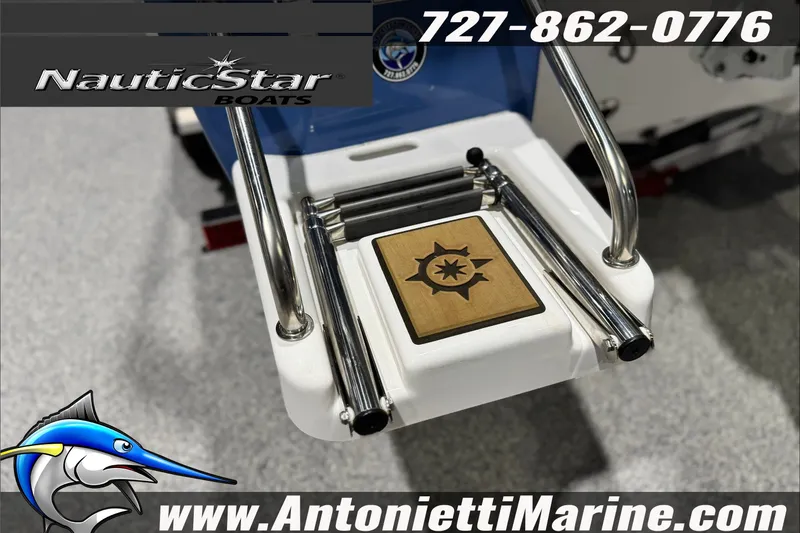 Slide: The Image of 2025 NauticStar 194 Bay boat ladder with logo, contact info, and website displayed. - 25