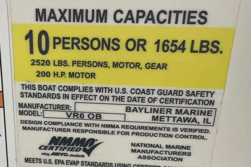 Slide: The Image of 2023 Bayliner VR6 Bowrider OB capacity label: 10 persons, 1654 lbs, 200 HP motor. - 13