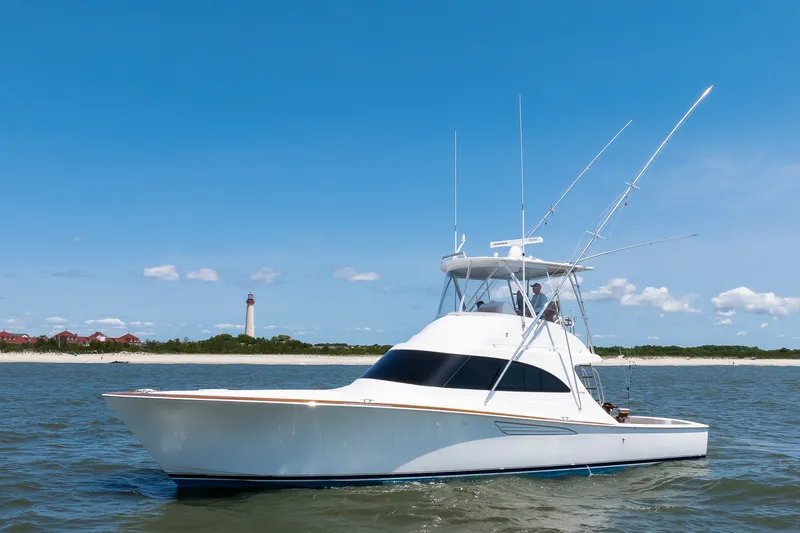 The Image of 2021 Viking 46 Billfish yacht cruising near a lighthouse under a clear blue sky. - 1