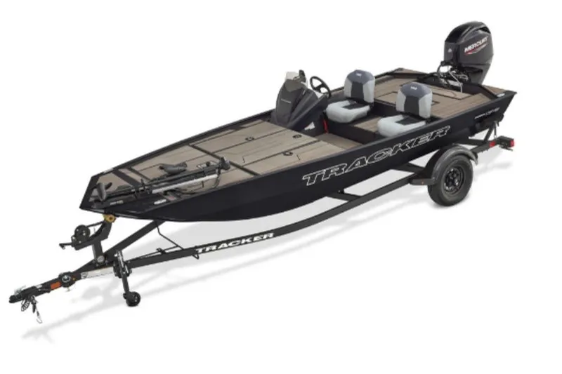 The Image of 2027 Tracker Pro 170 fishing boat with trailer, featuring dual seats and outboard motor. - 1