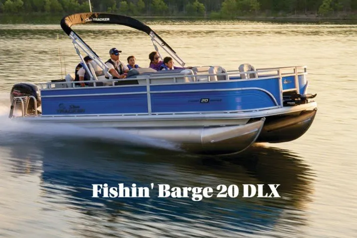 The Image of 2027 Sun Tracker Fishin' Barge 20 DLX pontoon boat cruising on a serene lake. - 1
