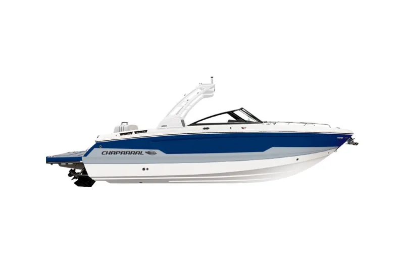 The Image of 2027 Chaparral SSX 6 boat, sleek design, blue and white color scheme, side view. - 0