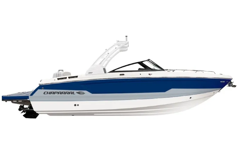 The Image of 2027 Chaparral SSX 6 boat, sleek design, blue and white color scheme, side view. - 0