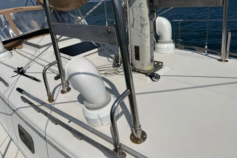 Slide: The Image of Deck of 1994 Pacific Seacraft Crealock 37 sailboat with stainless steel fittings. - 59