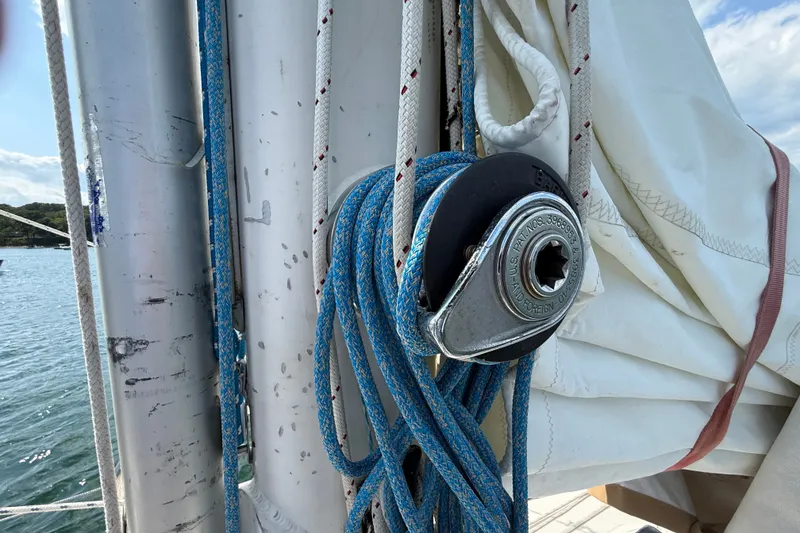 Slide: The Image of Close-up of rigging on a 1994 Pacific Seacraft Crealock 37 sailboat. - 62
