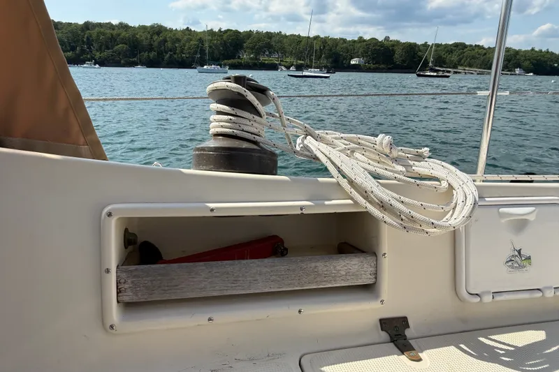 Slide: The Image of Sailboat deck view with winch and ropes, Pacific Seacraft Crealock 37, 1994 model. - 71