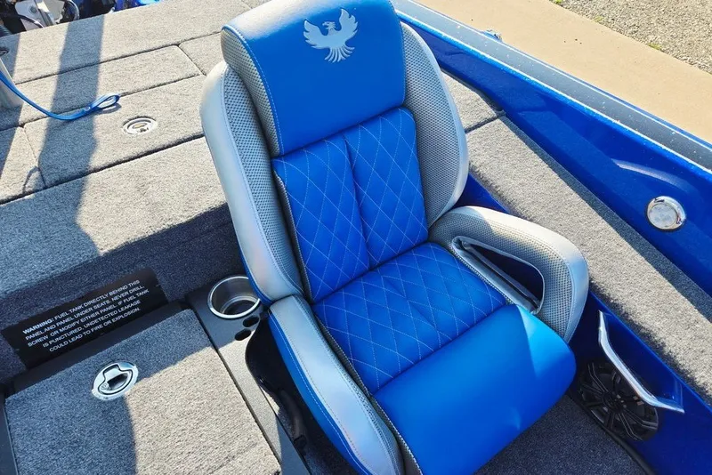 Slide: The Image of Blue and gray seat in 2026 Phoenix 818 Pro boat, featuring diamond stitching and logo. - 38