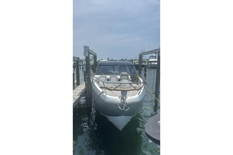 Slide: The Image of 2025 Hanover 387 yacht docked at marina, showcasing sleek design and modern features. - 3