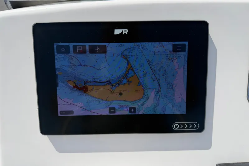 Slide: The Image of Navigation screen on a 2022 Boston Whaler 170 Montauk boat, displaying a detailed marine map. - 15