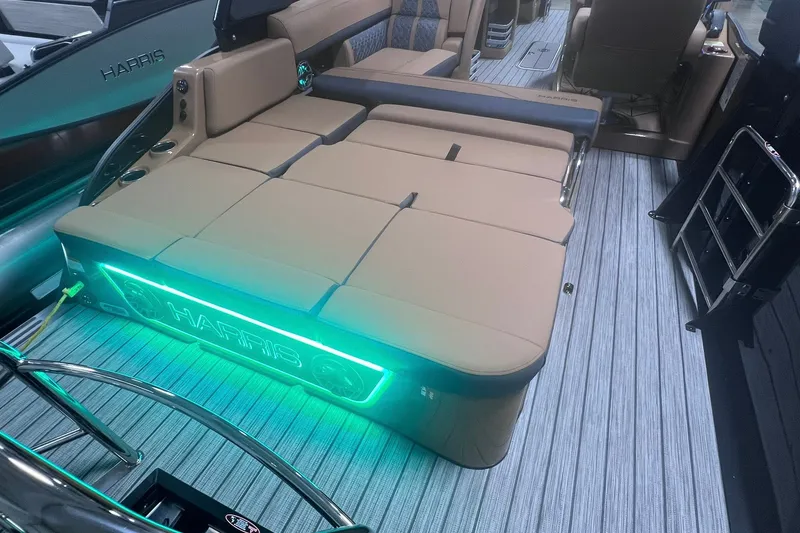 Slide: The Image of Luxurious 2027 Harris Grand Mariner 250 SL boat interior with illuminated seating and modern design. - 63