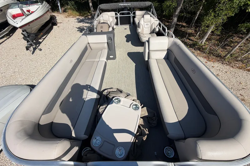 Slide: The Image of 2019 Princecraft Vectra 25 pontoon boat with spacious seating and modern design. - 15