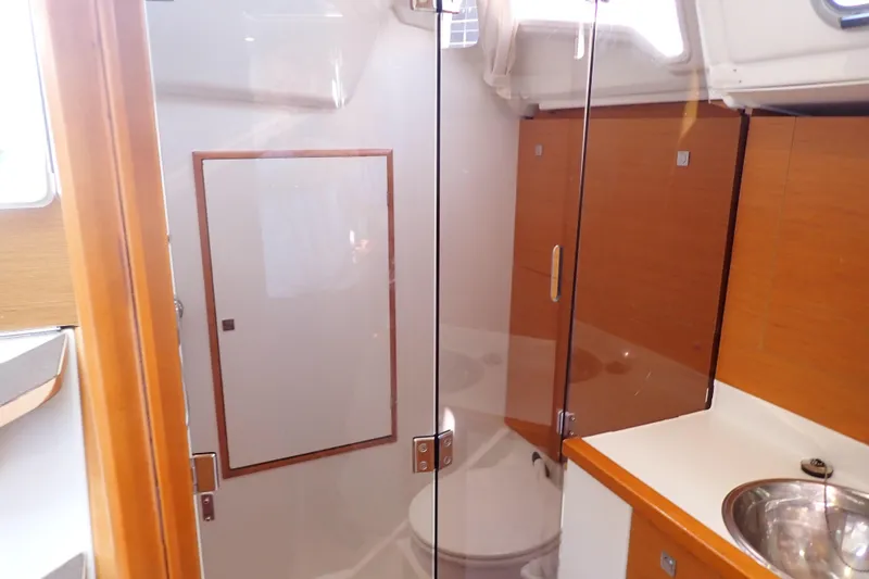 Slide: The Image of Interior of 2018 Jeanneau Sun Odyssey 389 yacht bathroom with modern fixtures. - 175
