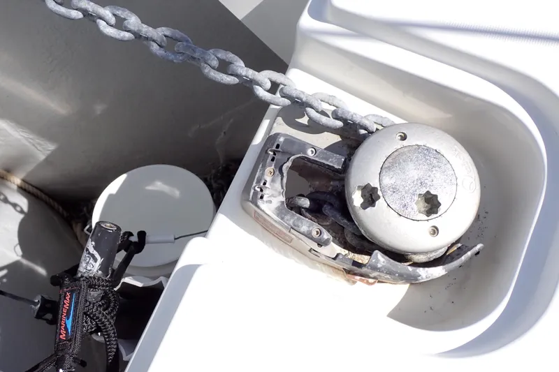 Slide: The Image of Anchor windlass on 2018 Jeanneau Sun Odyssey 389 sailboat deck. - 42