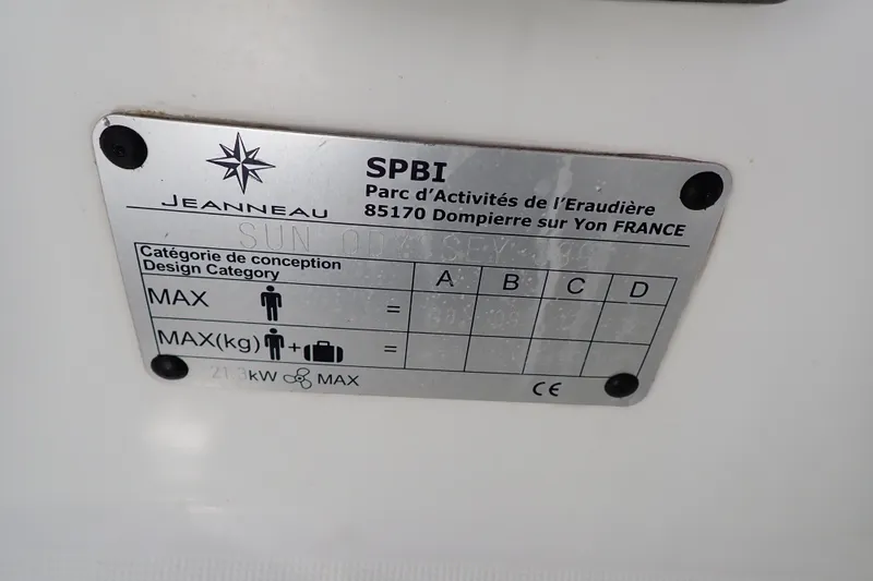 Slide: The Image of Plaque on 2018 Jeanneau Sun Odyssey 389, displaying design category and specifications. - 27