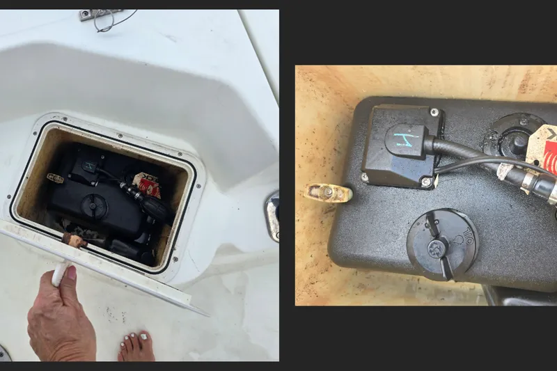 Slide: The Image of 2004 Sea Boss 180 Center Console fuel tank compartment with wiring and connections visible. - 16