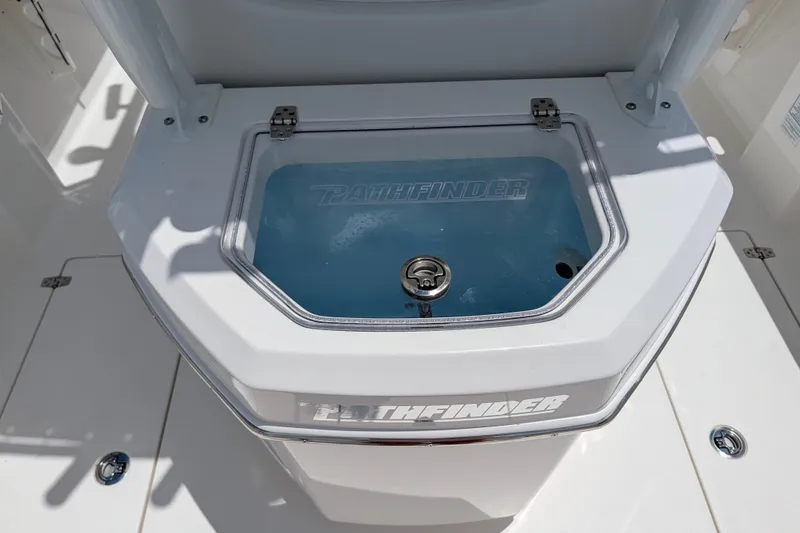 Slide: The Image of Livewell on 2027 Pathfinder 2700 Tournament boat, featuring a clear lid and sleek design. - 17