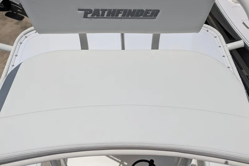 Slide: The Image of Pathfinder 2700 Tournament 2027 boat seat with logo, showcasing sleek white design. - 48