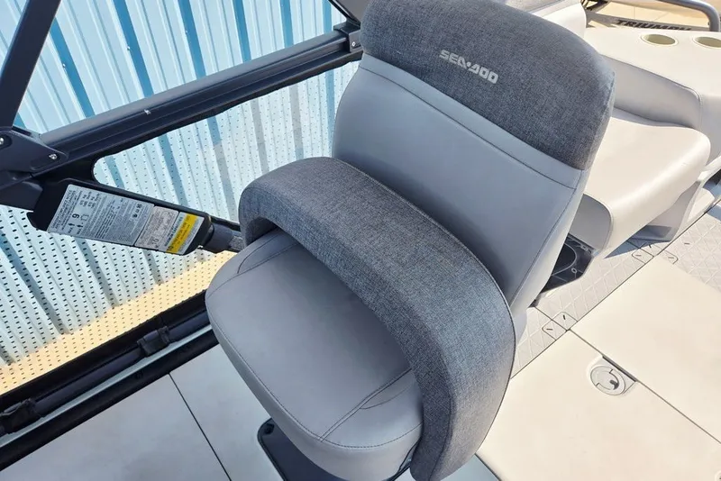 Slide: The Image of 2023 Sea-Doo Switch Cruise 21 seat with gray upholstery and ergonomic design. - 16