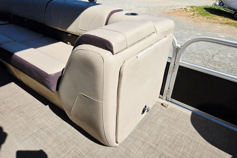 Slide: The Image of 2018 Sun Tracker Party Barge 22 XP3 interior seating with beige upholstery. - 26