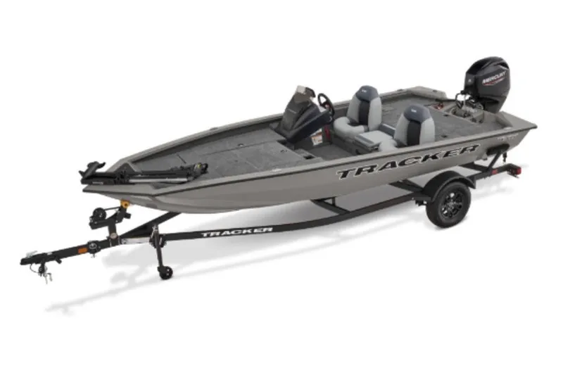 The Image of 2027 Tracker Pro Team 175 fishing boat on trailer, featuring dual seats and outboard motor. - 2
