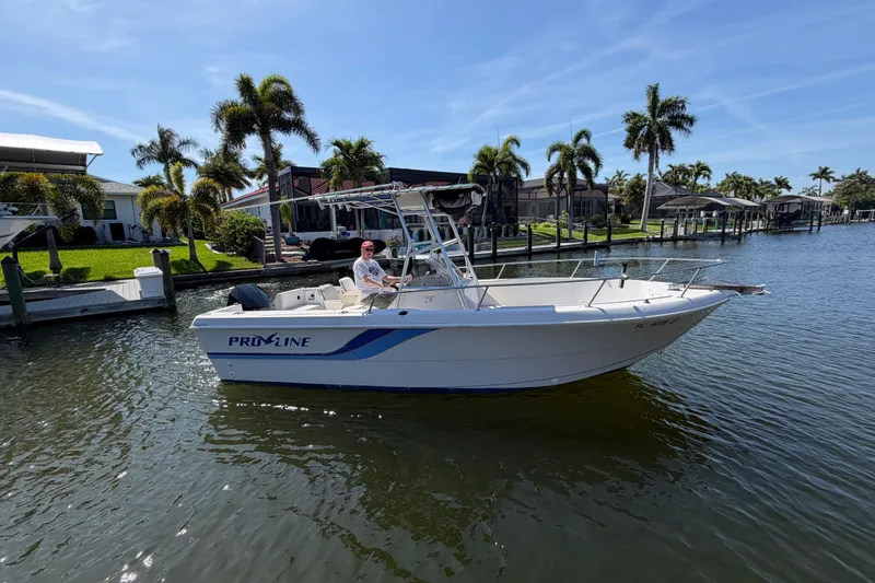 Slide: The Image of 1995 Pro-Line 21 Sport boat cruising on a sunny waterfront with palm trees. - 4