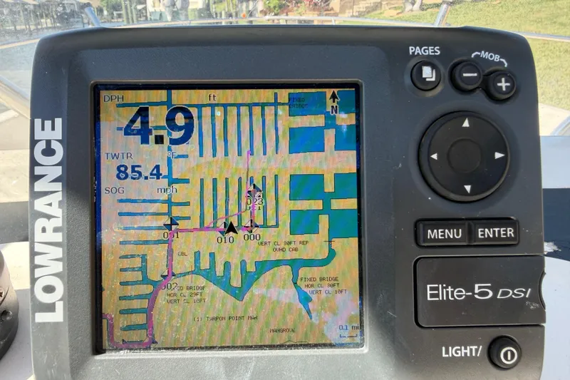 Slide: The Image of Lowrance Elite-5 DSI fishfinder displaying navigation map on a 1995 Pro-Line 21 Sport boat. - 10
