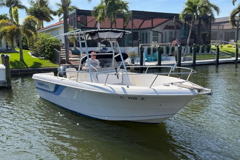 Slide: The Image of 1995 Pro-Line 21 Sport boat on water near waterfront homes and palm trees. - 5
