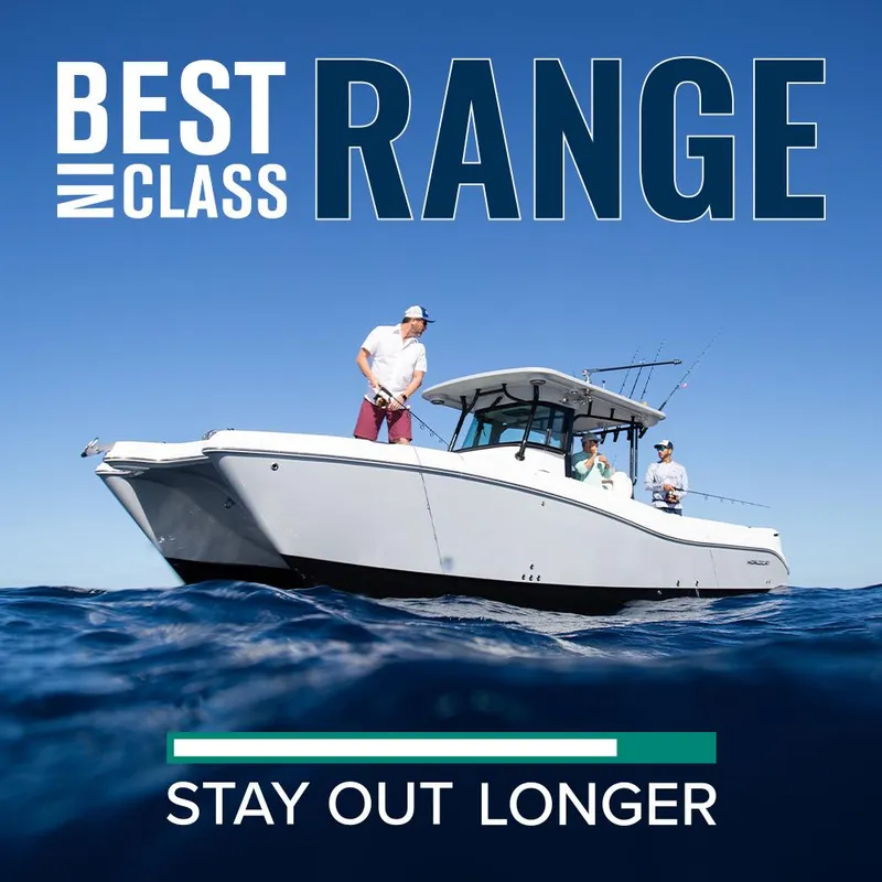Slide: The Image of 2026 World Cat 325CC boat on water, promoting best-in-class range. - 3