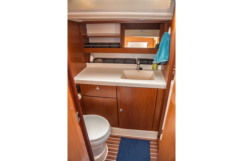 Slide: The Image of Bathroom interior of 2015 Bavaria Vision 46 yacht with wooden cabinetry and modern fixtures. - 30