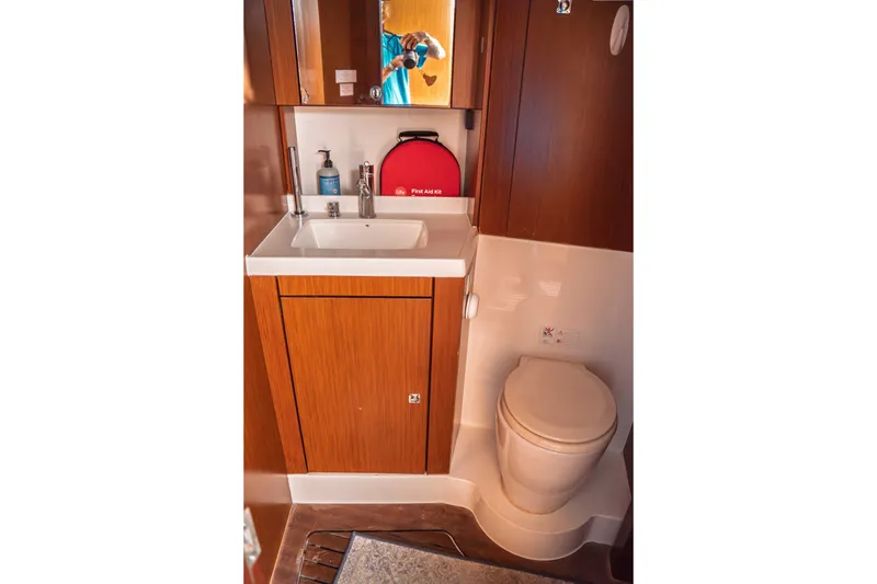 Slide: The Image of Bathroom interior of 2015 Bavaria Vision 46 yacht with sink and toilet. - 31